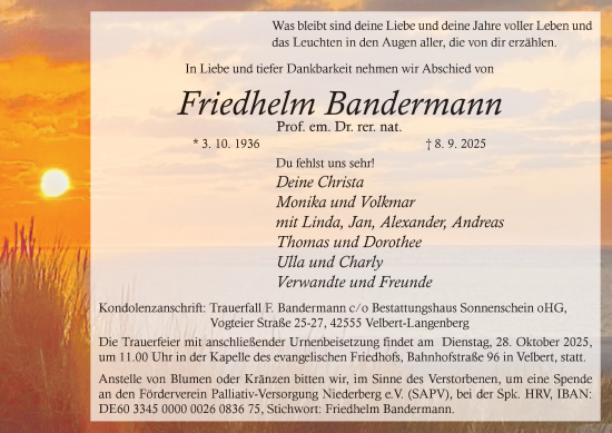 Traueranzeige von Friedhelm Bandermann von Tageszeitung