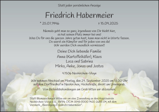 Traueranzeige von Friedrich Habermeier von Tageszeitung