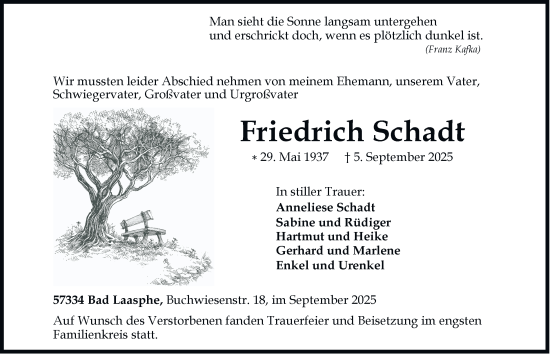 Traueranzeige von Friedrich Schadt von Tageszeitung