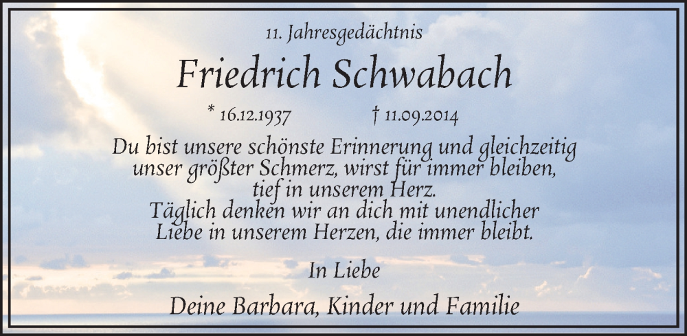  Traueranzeige für Friedrich Schwabach vom 11.09.2025 aus Tageszeitung