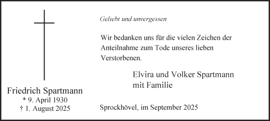 Traueranzeige von Friedrich Spartmann von Tageszeitung