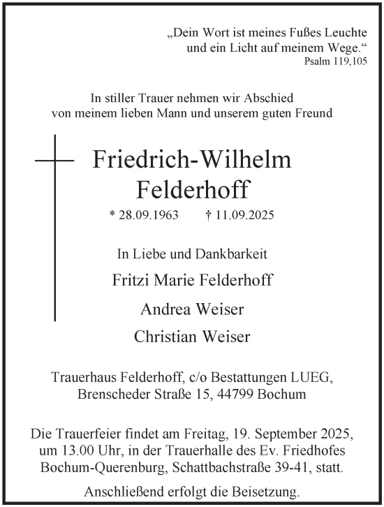Traueranzeige von Friedrich-Wilhelm Felderhoff von Tageszeitung
