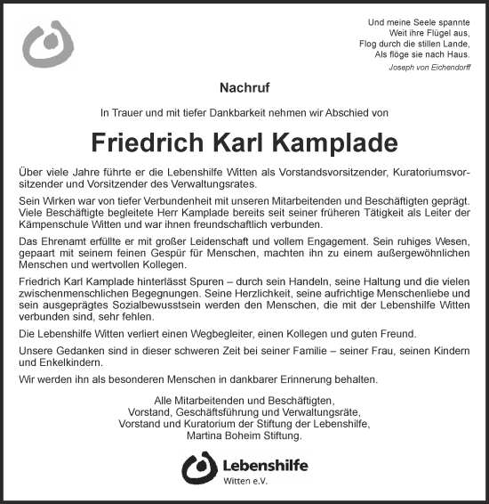 Traueranzeige von Friedrich Karl Kamplade von Tageszeitung