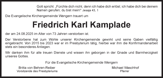 Traueranzeige von Friedrich Karl Kamplade von Tageszeitung