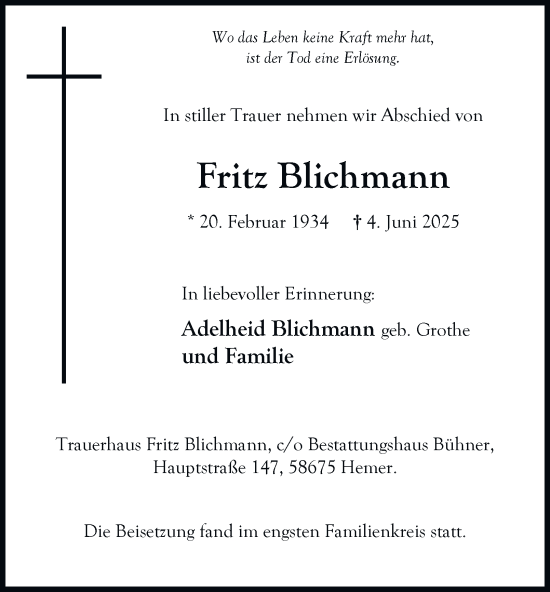 Traueranzeige von Fritz Blichmann von Tageszeitung