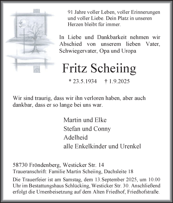Traueranzeige von Fritz Scheiing von Tageszeitung