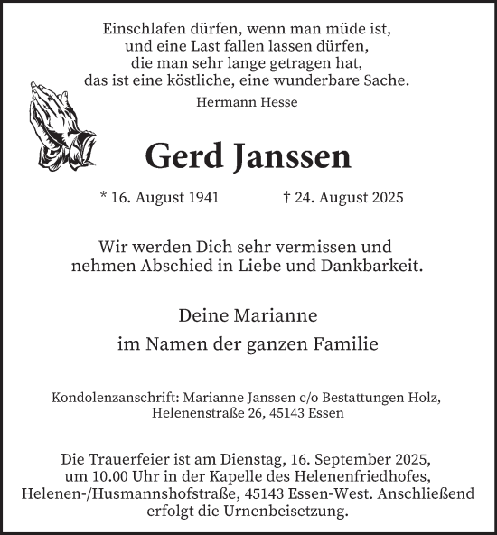 Traueranzeige von Gerd Janssen von Tageszeitung