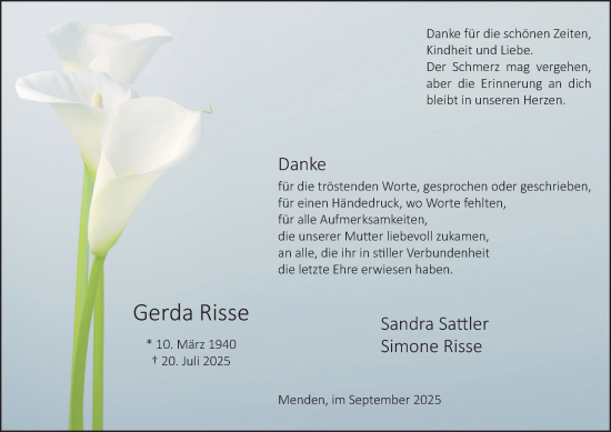 Traueranzeige von Gerda Risse von Tageszeitung