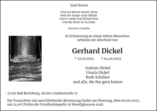 Traueranzeige von Gerhard Dickel von Tageszeitung