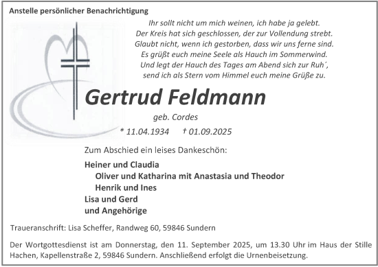 Traueranzeige von Gertrud Feldmann von Tageszeitung