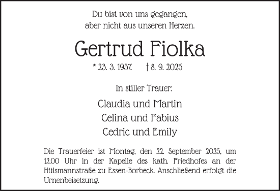 Traueranzeige von Gertrud Fiolka von Tageszeitung