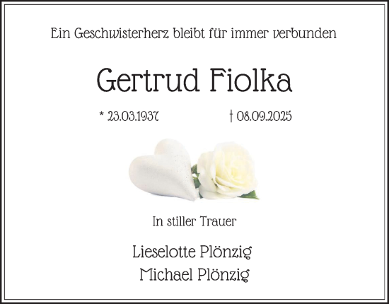 Traueranzeige von Gertrud Fiolka von Tageszeitung