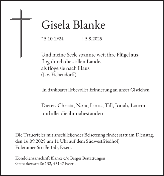 Traueranzeige von Gisela Blanke von Tageszeitung