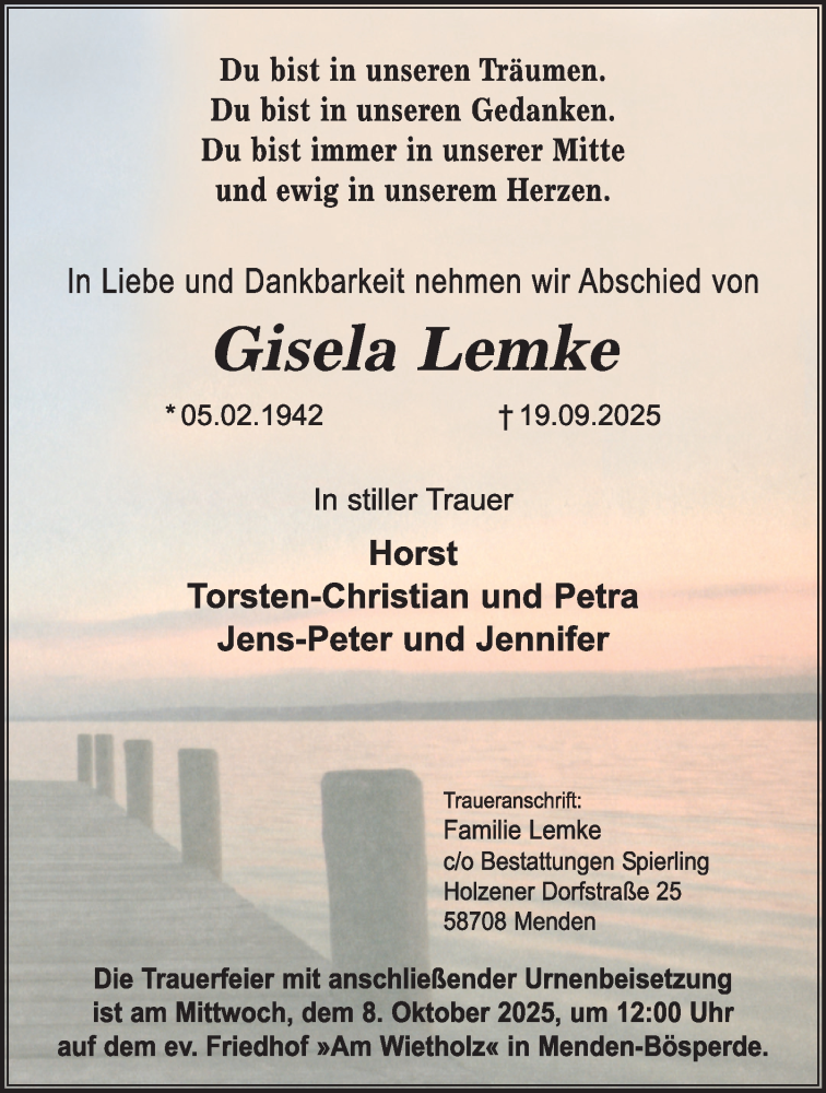  Traueranzeige für Gisela Lemke vom 27.09.2025 aus Tageszeitung