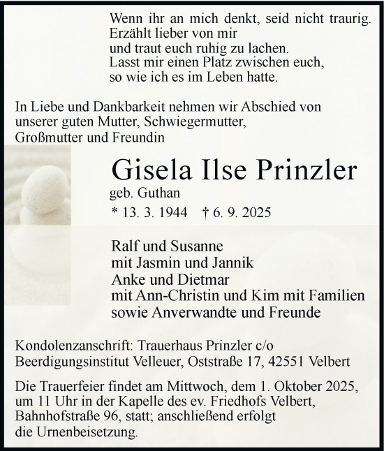 Traueranzeige von Gisela Ilse Prinzler von Tageszeitung