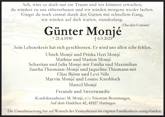 Traueranzeige von Günter Monjé von Tageszeitung
