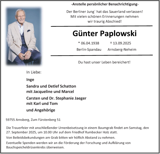 Traueranzeige von Günter Paplowski von Tageszeitung
