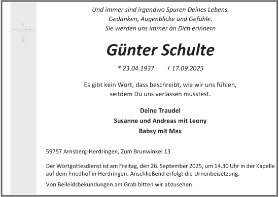 Traueranzeige von Günter Schulte von Tageszeitung