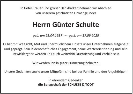 Traueranzeige von Günter Schulte von Tageszeitung
