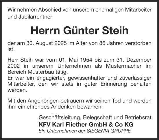 Traueranzeige von Günter Steih von Tageszeitung