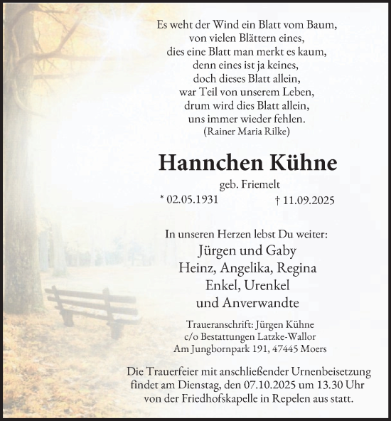 Traueranzeige von Hannchen Kühne von Tageszeitung