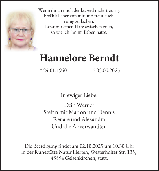 Traueranzeige von Hannelore Berndt von Tageszeitung