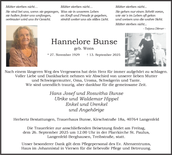 Traueranzeige von Hannelore Bunse von Tageszeitung
