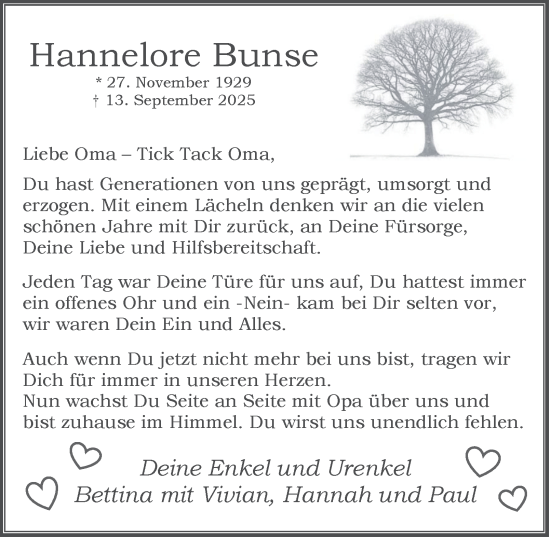 Traueranzeige von Hannelore Bunse von Tageszeitung