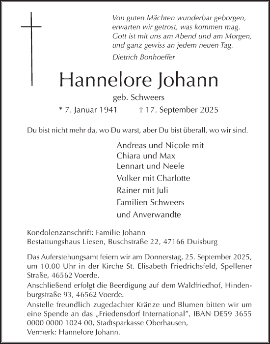 Traueranzeige von Hannelore Johann von Tageszeitung