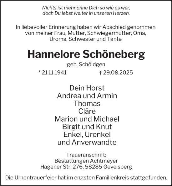 Traueranzeige von Hannelore Schöneberg von Tageszeitung