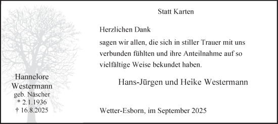 Traueranzeige von Hannelore Westermann von Tageszeitung
