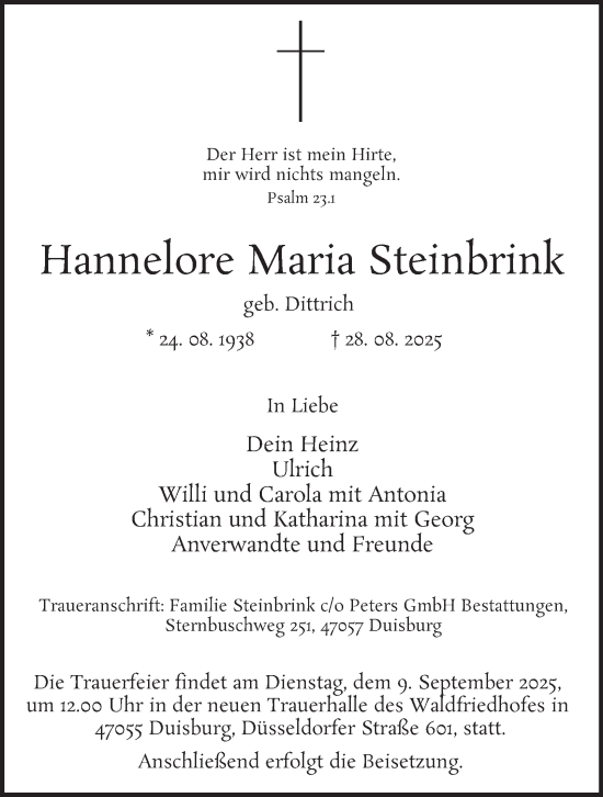 Traueranzeige von Hannelore Maria Steinbrink von Tageszeitung