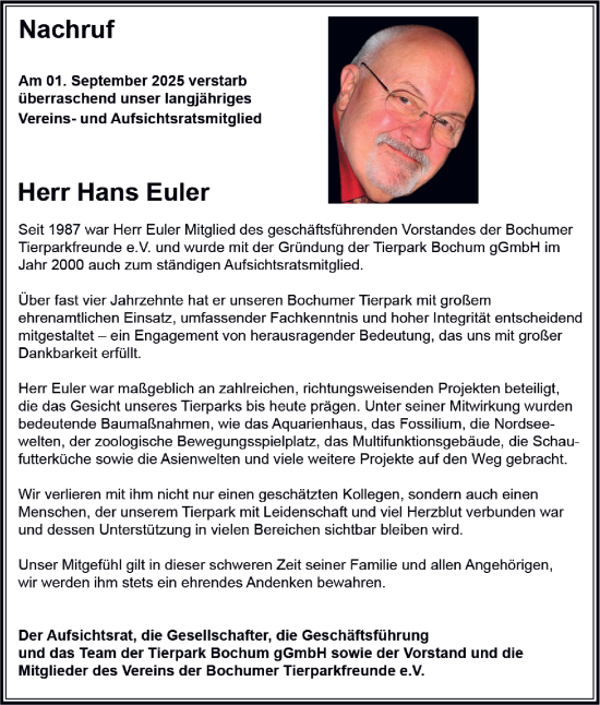 Traueranzeige von Hans Euler von Tageszeitung