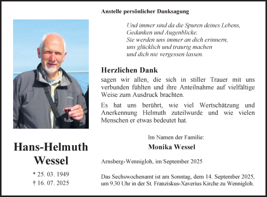Traueranzeige von Hans-Helmuth Wessel von Tageszeitung