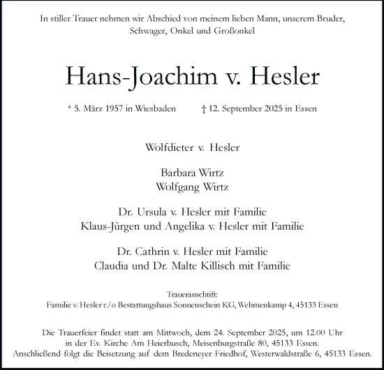 Traueranzeige von Hans-Joachim v. Hesler von Tageszeitung