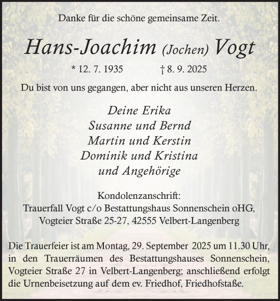 Traueranzeige von Hans-Joachim Vogt von Tageszeitung