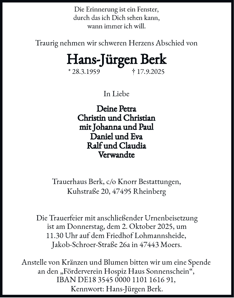  Traueranzeige für Hans-Jürgen Berk vom 27.09.2025 aus Tageszeitung