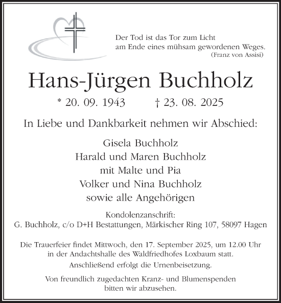 Traueranzeige von Hans-Jürgen Buchholz von Tageszeitung