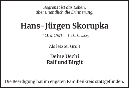 Traueranzeige von Hans-Jürgen Skorupka von Tageszeitung