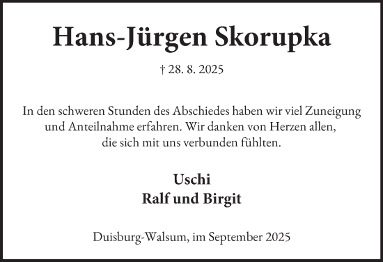 Traueranzeige von Hans-Jürgen Skorupka von Tageszeitung