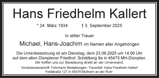 Traueranzeige von Hans Friedhelm Kallert von Tageszeitung