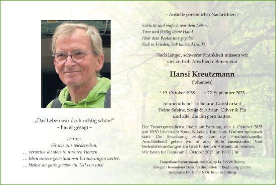 Traueranzeige von Hansi Kreutzmann von Tageszeitung