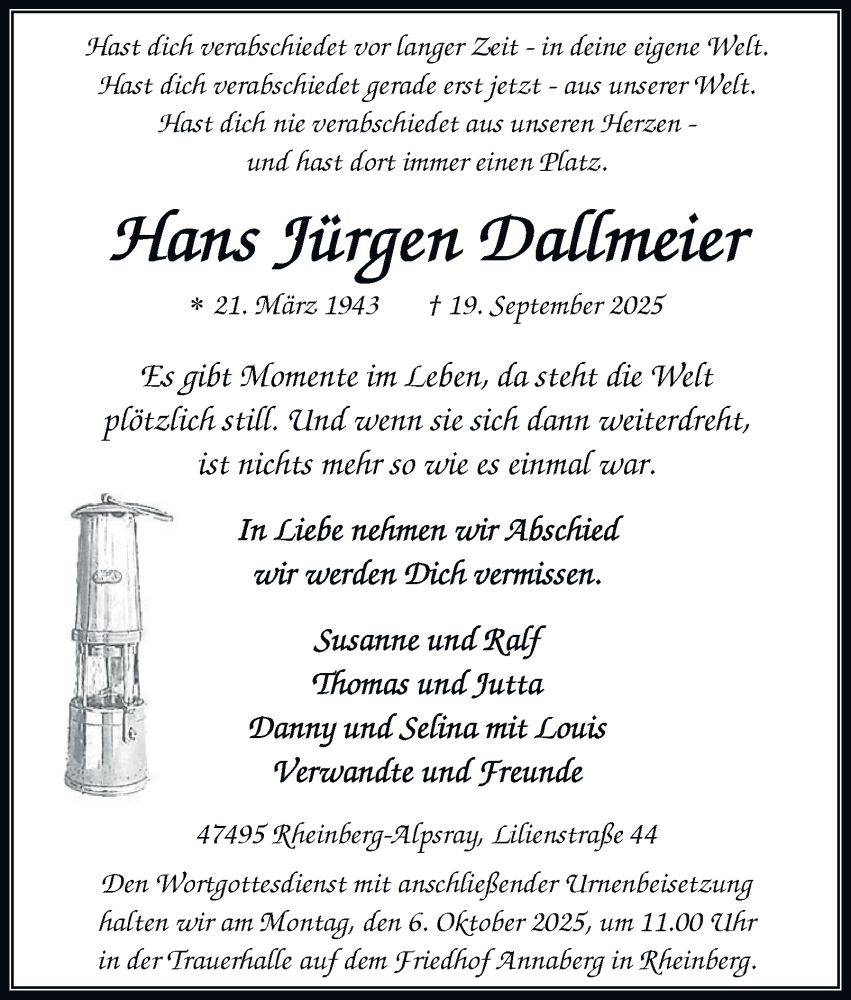  Traueranzeige für Hans Jürgen Dallmeier vom 27.09.2025 aus Tageszeitung