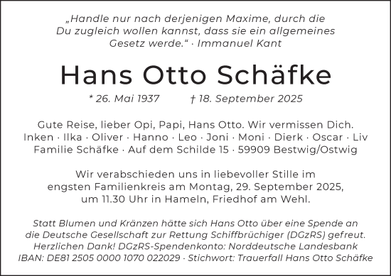 Traueranzeige von Hans Otto Schäfke von Tageszeitung