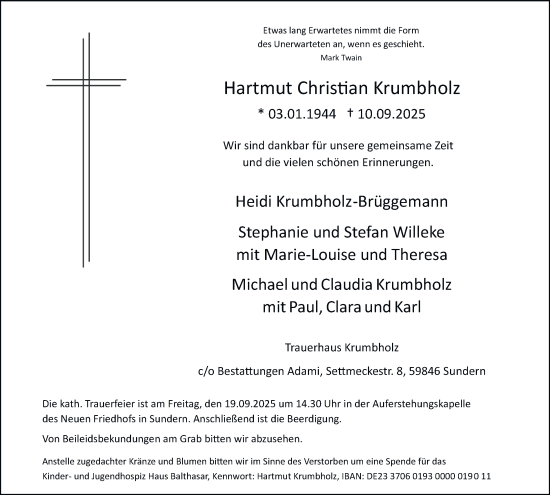Traueranzeige von Hartmut Christian Krumbholz von Tageszeitung