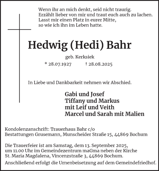 Traueranzeige von Hedwig Bahr von Tageszeitung