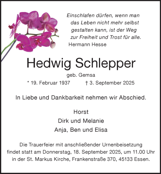 Traueranzeige von Hedwig Schlepper von Tageszeitung