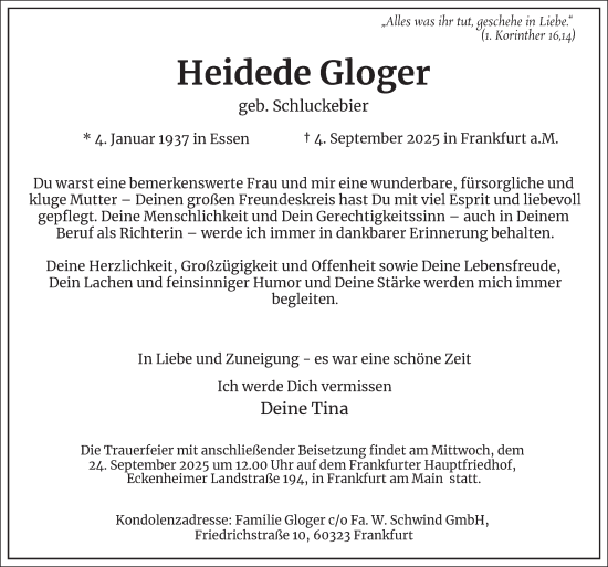 Traueranzeige von Heidede Gloger von Tageszeitung