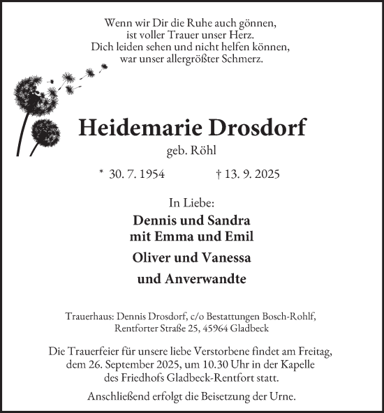 Traueranzeige von Heidemarie Drosdorf von Tageszeitung