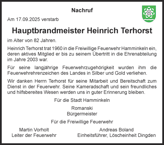 Traueranzeige von Heinrich Terhorst von Tageszeitung